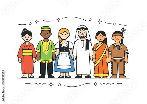 Cultural dress diversity. Individuals in different ethnic clothing styles standing side by side, connected by gentle decorative elements. The