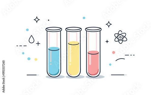 Colorful Test Tube Harmony. Laboratory glassware. A close-up still life of test tubes filled with gentle colored liquids, expressing careful measurement and