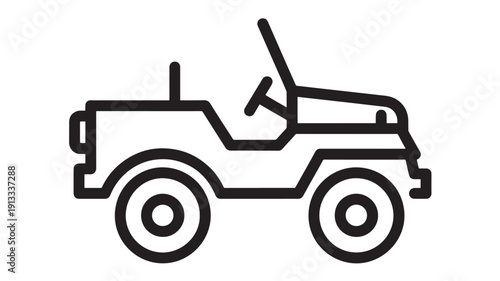 Jeep off-road vehicle line icon in side view, rugged 4x4 SUV silhouette for adventure travel, safari tour, camping, outdoor recreation and transportation design
