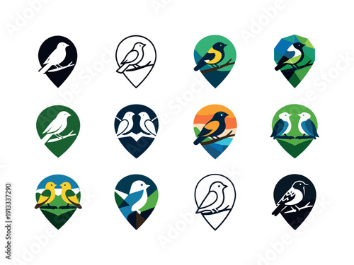 Ornithological tourism and birdwatching in rare habitats. Icon set. Set Logo of Ornithological tourism and birdwatching in rare habitats: