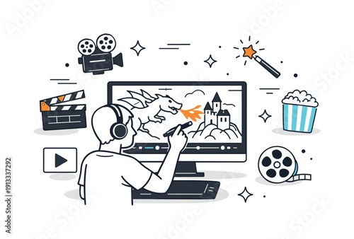 Digital movie magic. A creative professional using a stylus or mouse to sculpt visual effects on screen, surrounded by simple cinematic