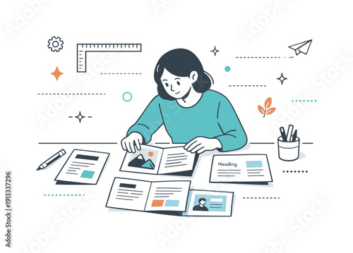 Minimalist Brochure Design. Brochure design layout. A designer arranging folded brochure pages on a desk, aligning text blocks and  s with calm focus,