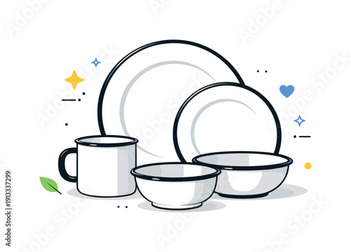 Enamel plates set. A centered enamel plates set shown from the front, with soft shadows grounding the objects. The mood is calm, practical,