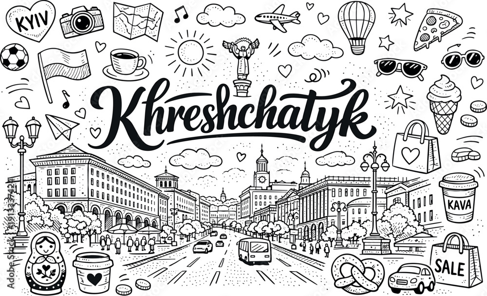 Fototapeta premium Scenic Khreshchatyk view, hand drawn doodle elements set, center hand-lettered title, black & white vector line art, bold clean