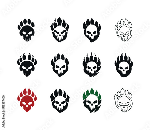 Ruthless Hunter Icons. Ruthless hunters. Icon set. Set Logo of ruthless hunters: tracking footprint icon. harmonious logo variations of the same emblematic
