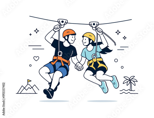 Adventure Couple Climbing. Adventure sports tourism couple activity. Two people enjoying a climbing or zip-lining experience together, connected by ropes and