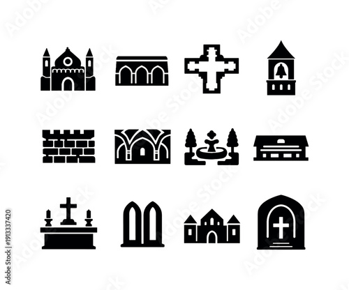 Monastic Architecture. Solid icon set of Monastic Architecture: abbey facade, cloister arches, monastery floor plan, bell tower, stone walls,