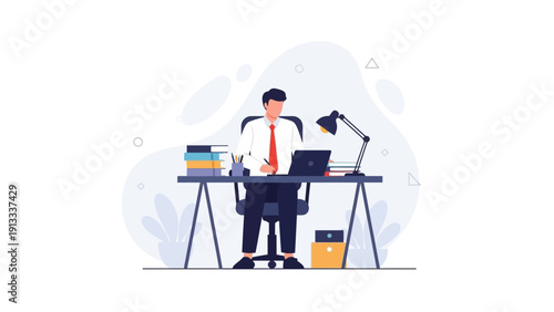 Businessman working at desk with laptop, books, and lamp, modern office illustration