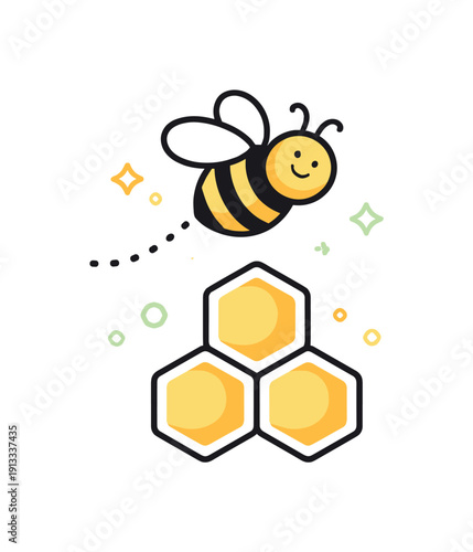 Bee minimal iconography. A bee hovering above a honeycomb cell icon, representing nature and productivity. The scene feels simple, symbolic,