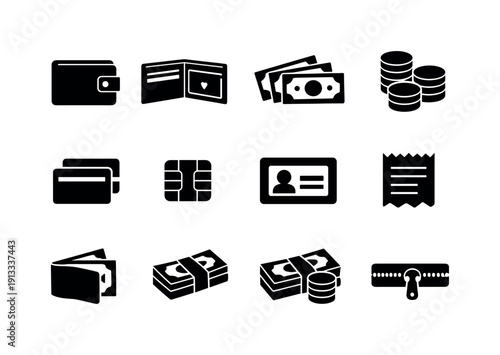 Black Wallet Icons. Money wallet. Solid icon set of money wallet: leather wallet, open billfold, cash notes, coin stack, card slot, credit card chip, ID