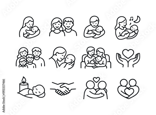 Family bonding. Line icon set of Family bonding: skin to skin contact, parent smile, gentle rocking, bedtime lullaby, family togetherness,