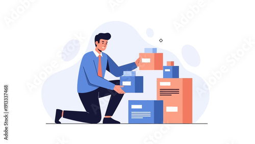 Man organizing boxes, logistics and inventory management concept, flat illustration