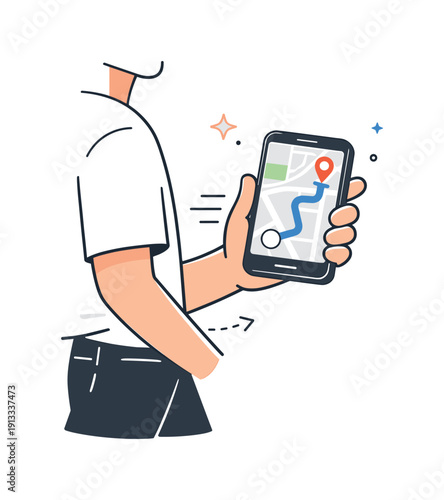 Smartphone Navigation Map. GPS navigation on phone. Person holding a smartphone with a clear map route and location pin on screen. Focused movement and
