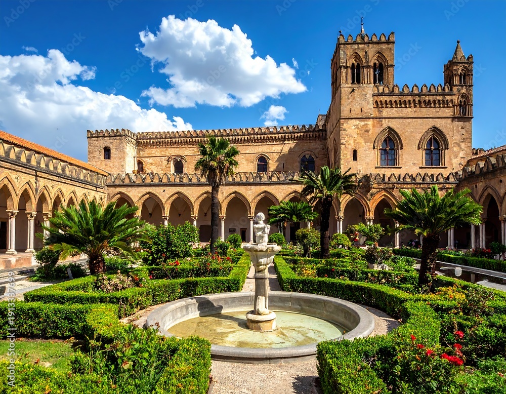 Fototapeta premium An exterior image showcasing a courtyard garden with a fountain, surrounded by arches, palm trees, and a historic building