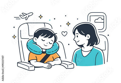 Child Sleeping Comfortably. Using travel pillow for child. A child peacefully sleeping with a small travel pillow, parent nearby watching calmly. Warm, caring