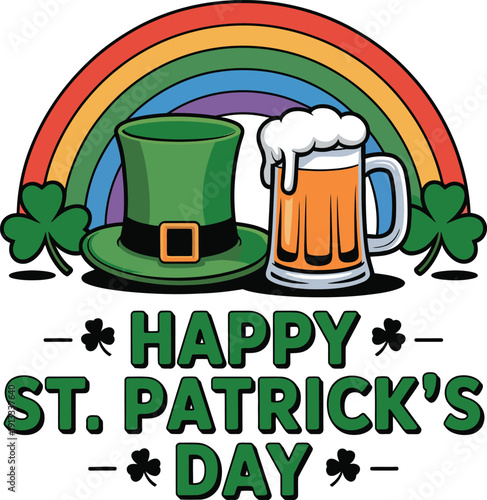 Happy st patrick s day wishes with rainbow leprechaun hat and beer