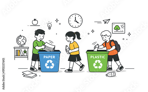 Classroom Recycling Initiative. School recycling program. Students placing paper and plastic into labeled recycling bins in a classroom. Calm learning routine,
