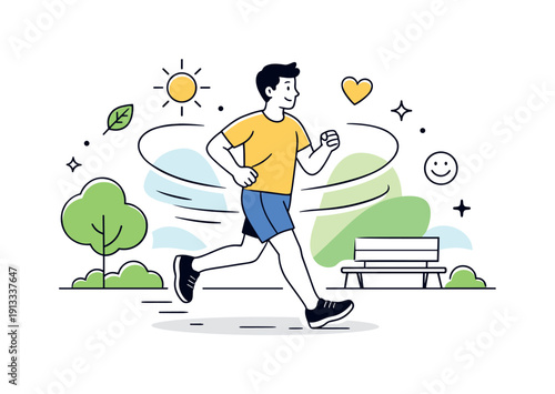 The benefits of physical exercise. A person jogging calmly in a park with gentle motion lines and abstract shapes around, showing energy and