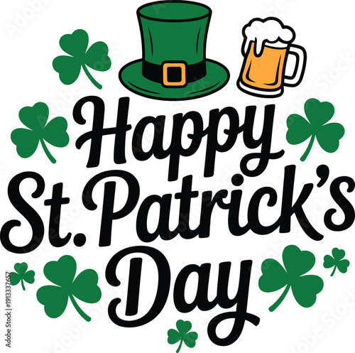 Happy st patrick s day wishes with shamrocks hats and beer