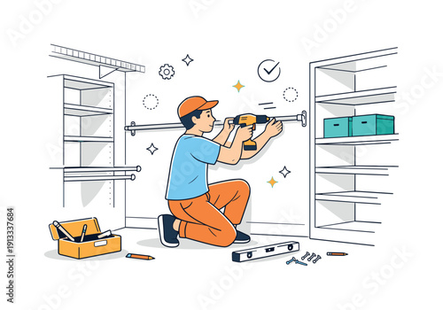 Installing closet storage system. A person assembling shelves and rods inside a walk-in closet, using simple tools and focusing on neat