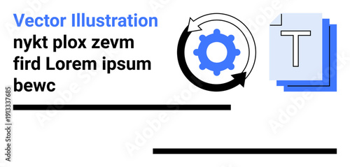 Workflow automation, data processing, software tools, cloud integration, digital workflow, synchronization. Blue gear with circular arrows, stacked documents with a letter T. Workflow automation