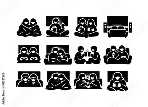 Cozy entertainment. Solid icon set of Cozy entertainment: couple watching movie, relaxing with snacks, indoor fun night, home theater feel,