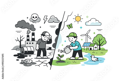 Climate change awareness. Split scene showing polluted environment transforming into a green, healthy one. A visual metaphor for impact and