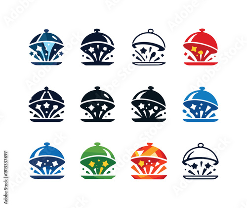 Celebratory meal. Icon set. Set Logo of celebratory meal: covered dish reveal moment. harmonious logo variations of the same emblematic