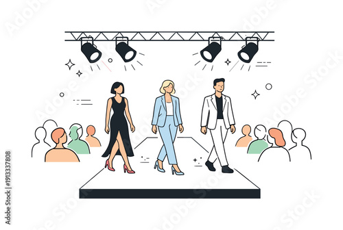 Fashion show runway overview. Editorial scene of a minimalist catwalk with models walking confidently, spotlights above and a calm audience