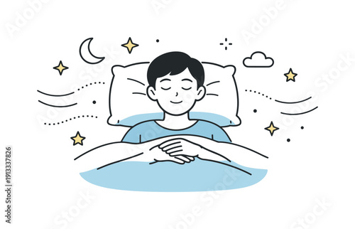 Closing eyes for sleep. A person lying calmly in bed with eyes gently closed, body relaxed and ready for rest. Peaceful nighttime mood with