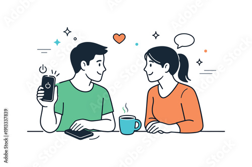 Intentional connection. A person turning off a phone while facing a loved one, focusing fully on the conversation. The scene highlights