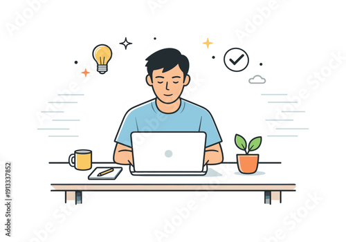 Focus and concentration. A person sitting quietly at a desk, fully absorbed in work, with subtle motion lines fading out around them. The