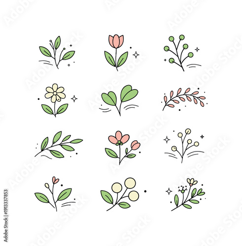 Minimal Botanical Design. Botanical icons and twigs. Clean minimal design with soft geometric plants and tiny buds, balanced with airy spacing and decorative