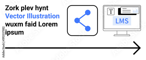 Education, e-learning, online collaboration, digital tools, data sharing, user interface. A share icon next to a monitor displaying LMS text. Education and e-learning concept