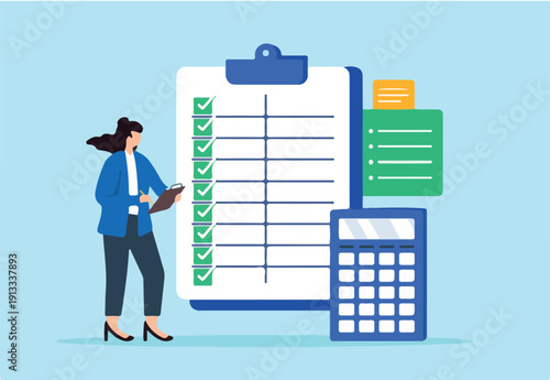 Flat illustration of female professional accountant hold clipboard complete item on business checklist spreadsheet with calculator