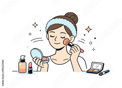 Using a headband during makeup application. A person applies makeup with hair secured by a cosmetic headband, showing ease and efficiency.