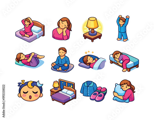 Nighttime stretch. Colorful isometric vector icons set of Nighttime stretch: bedtime stretch pose, gentle neck tilt, dim lamp glow, stretch