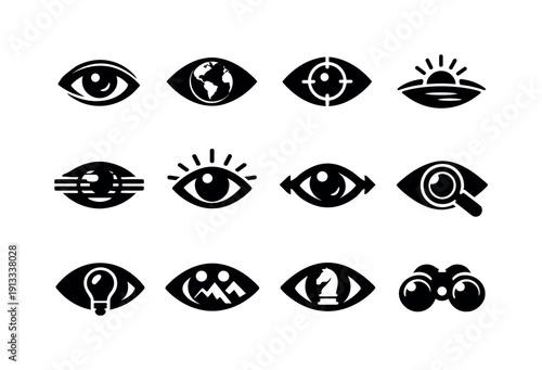 Global Vision Icons. Eyes seeing the world. Solid icon set of Eyes seeing the world: realistic eye, earth reflection eye, eye focus target, eye horizon line,