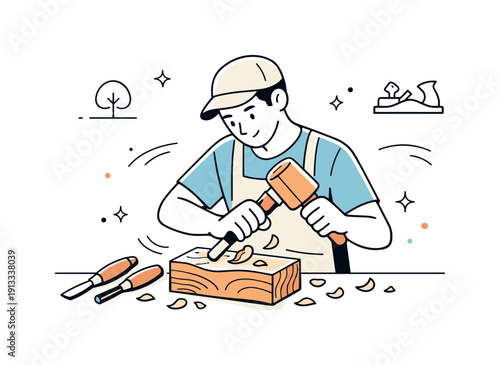 Wood sculpting process. An artist carving a wooden block with simple tools, focused and calm creative work. Wood chips and soft motion lines