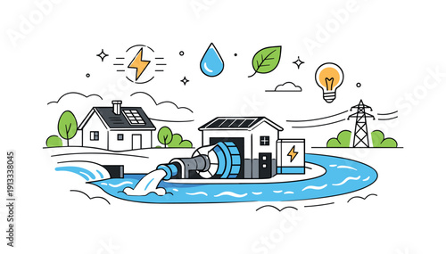 Micro-hydro system overview. A small river flows through a compact turbine installation near a rural house, showing clean renewable energy in