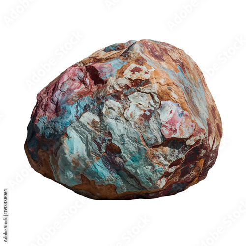 Colorful Rock With Various Patterns and Shades Displayed on a White Background