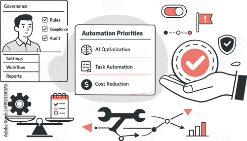 Modern minimal flat vector conceptual collage, crisp hard edges, consistent THIN outline stroke, rounded corners where needed,