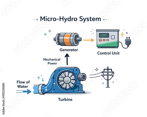Micro-hydro system components. An exploded-style calm scene showing turbine, generator, and control unit arranged neatly, helping viewers