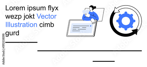 Workflow optimization, digital interaction, technology process, software management, system update, automation. Person engaged with a tablet and a looping gear icon. Workflow optimization and digital