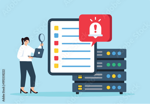 Flat illustration of data security expert inspecting security logs with alert notifications popping up