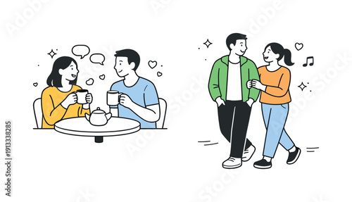 Healthy relationship habits. People sharing time together over coffee or a walk, relaxed interaction showing presence, care, and everyday