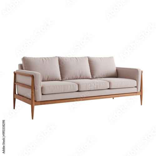 Modern Sofa With Wooden Frame and Neutral Cushions Located in a Bright Living...