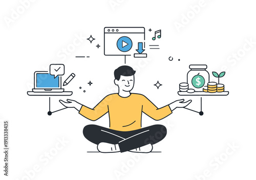 Multiple income streams. Abstract editorial scene showing a person connected to several simple income icons, such as freelance work, digital