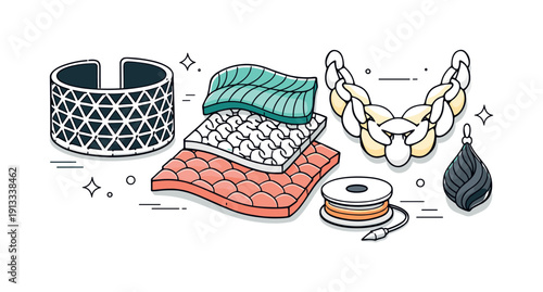 3D-printed fashion details. Close-up scene of textured accessories or garment panels created by a 3D printer, neatly displayed. Precision,