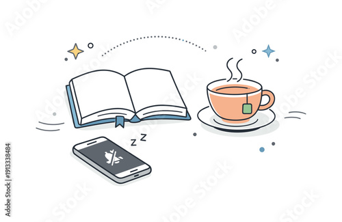Slow media concept. A book and a cup of tea resting next to a muted smartphone, calm consumption and mindful reading. Quiet editorial